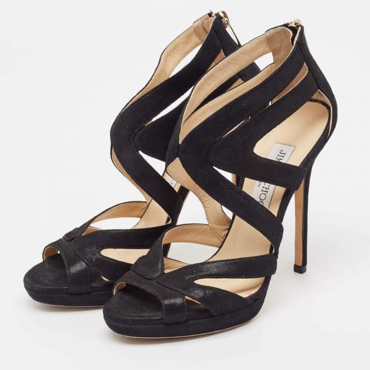 Pre Owned Jimmy Choo Black Glitter Suede Collar Platform Sandals Size 36.5