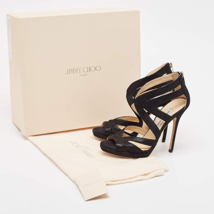 Pre Owned Jimmy Choo Black Glitter Suede Collar Platform Sandals Size 36.5