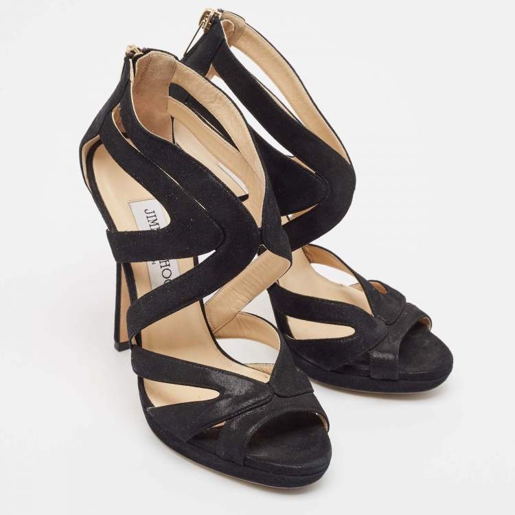 Pre Owned Jimmy Choo Black Glitter Suede Collar Platform Sandals Size 36.5