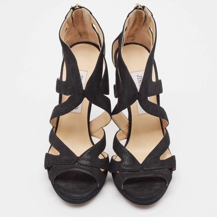 Pre Owned Jimmy Choo Black Glitter Suede Collar Platform Sandals Size 36.5