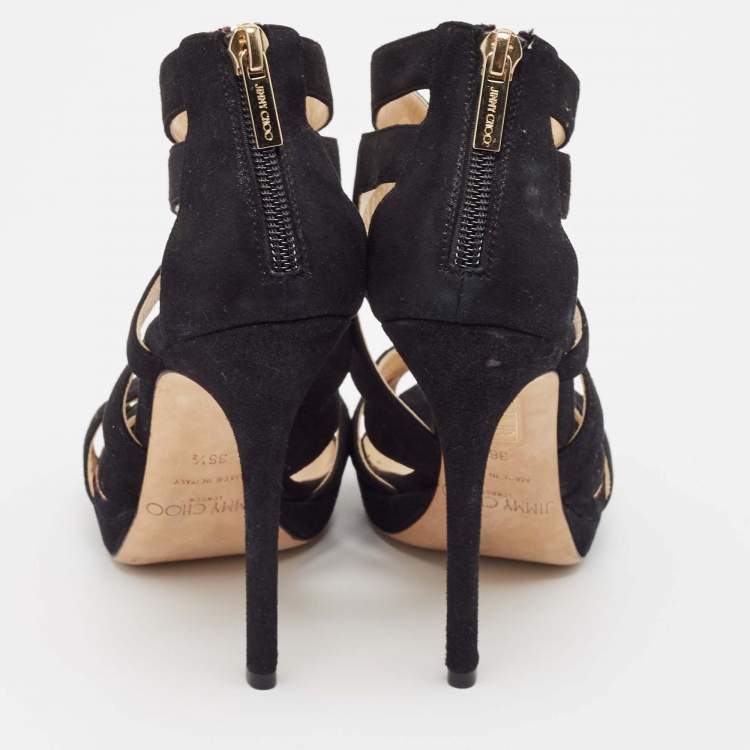 Pre Owned Jimmy Choo Black Glitter Suede Collar Platform Sandals Size 36.5
