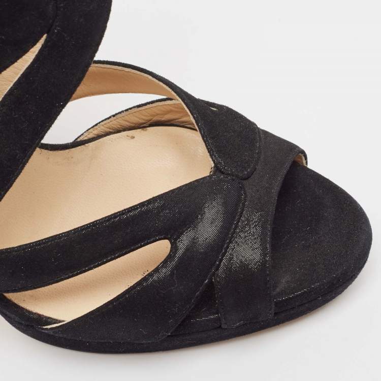 Pre Owned Jimmy Choo Black Glitter Suede Collar Platform Sandals Size 36.5