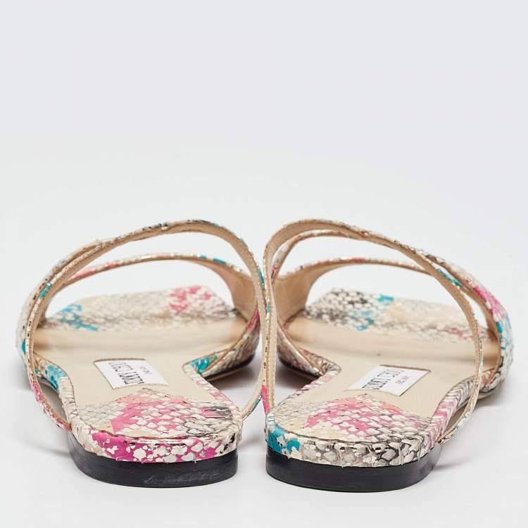 Pre Owned Jimmy Choo Multicolor Python Embossed Leather Flat Slides  Size  36