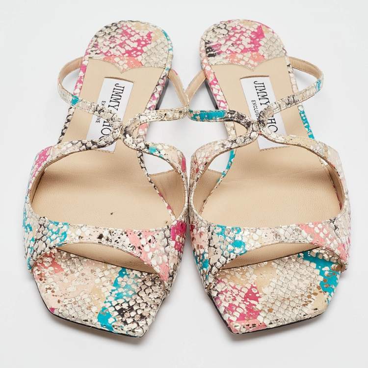 Pre Owned Jimmy Choo Multicolor Python Embossed Leather Flat Slides  Size  36