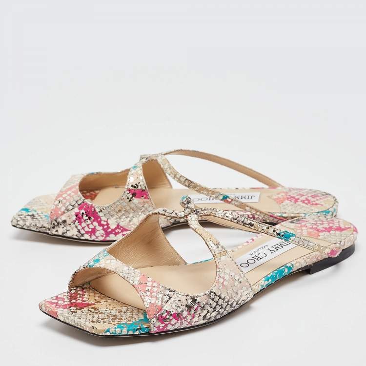 Pre Owned Jimmy Choo Multicolor Python Embossed Leather Flat Slides  Size  36