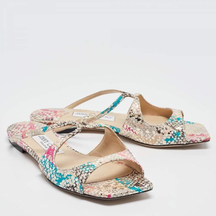Pre Owned Jimmy Choo Multicolor Python Embossed Leather Flat Slides  Size  36