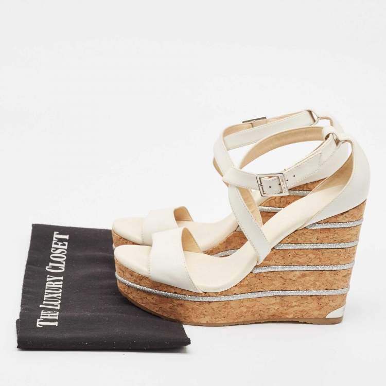 Pre Owned Jimmy Choo Cream Leather Wedge Sandals Size 39