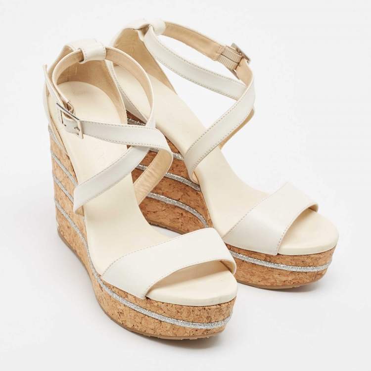 Pre Owned Jimmy Choo Cream Leather Wedge Sandals Size 39