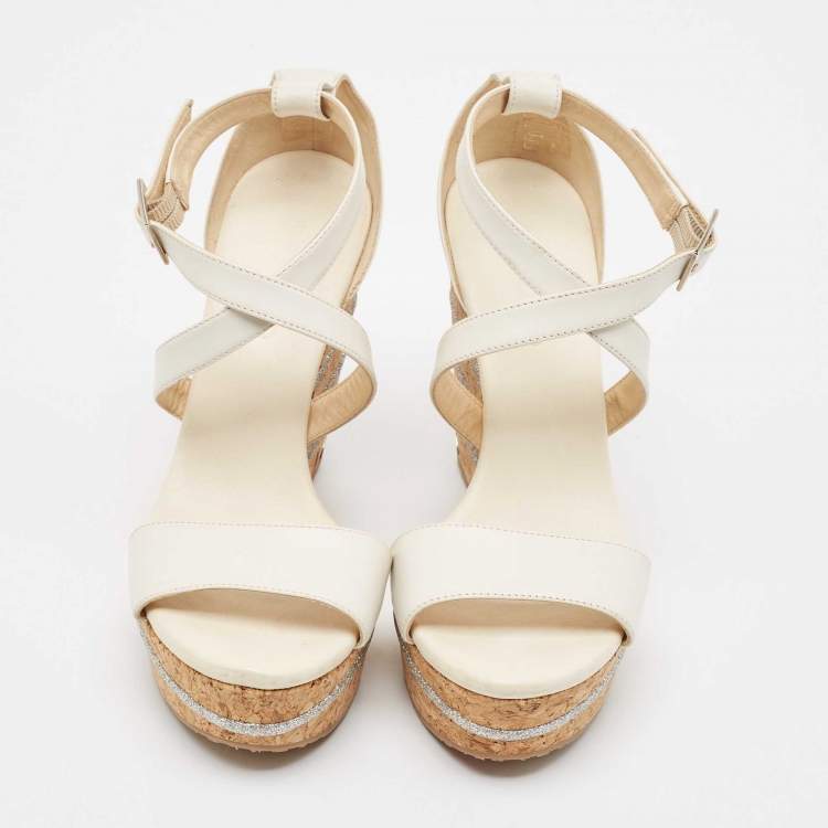 Pre Owned Jimmy Choo Cream Leather Wedge Sandals Size 39