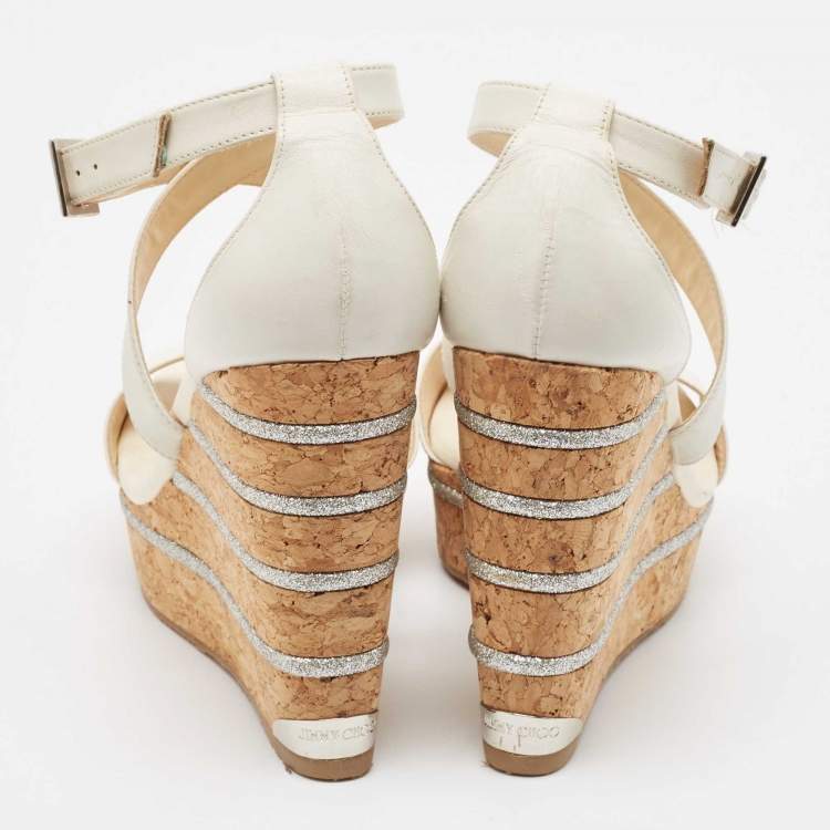 Pre Owned Jimmy Choo Cream Leather Wedge Sandals Size 39