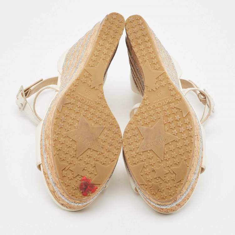 Pre Owned Jimmy Choo Cream Leather Wedge Sandals Size 39