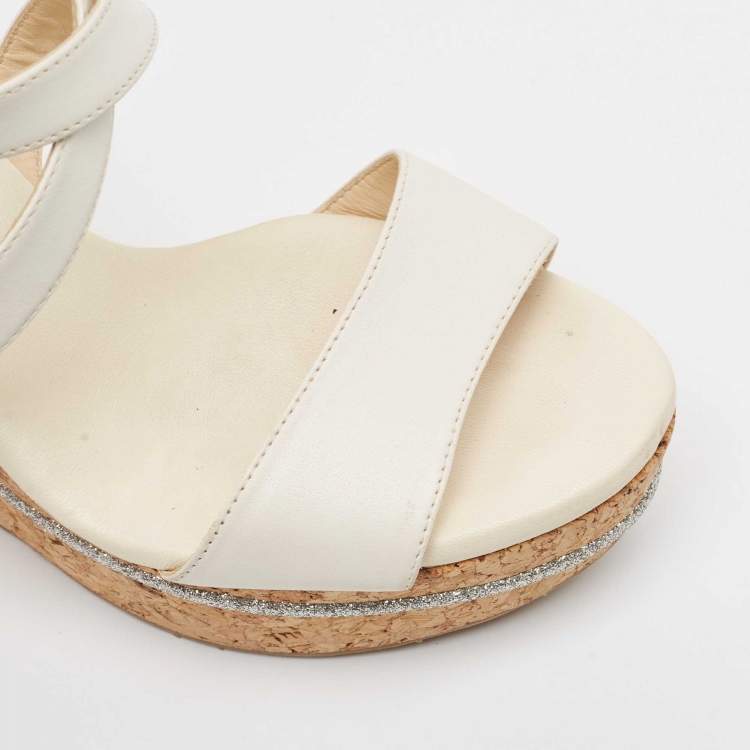 Pre Owned Jimmy Choo Cream Leather Wedge Sandals Size 39