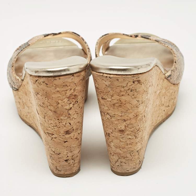 Pre Owned Jimmy Choo Brown/Black Embossed Python Prima Wedge Sandals Size 40