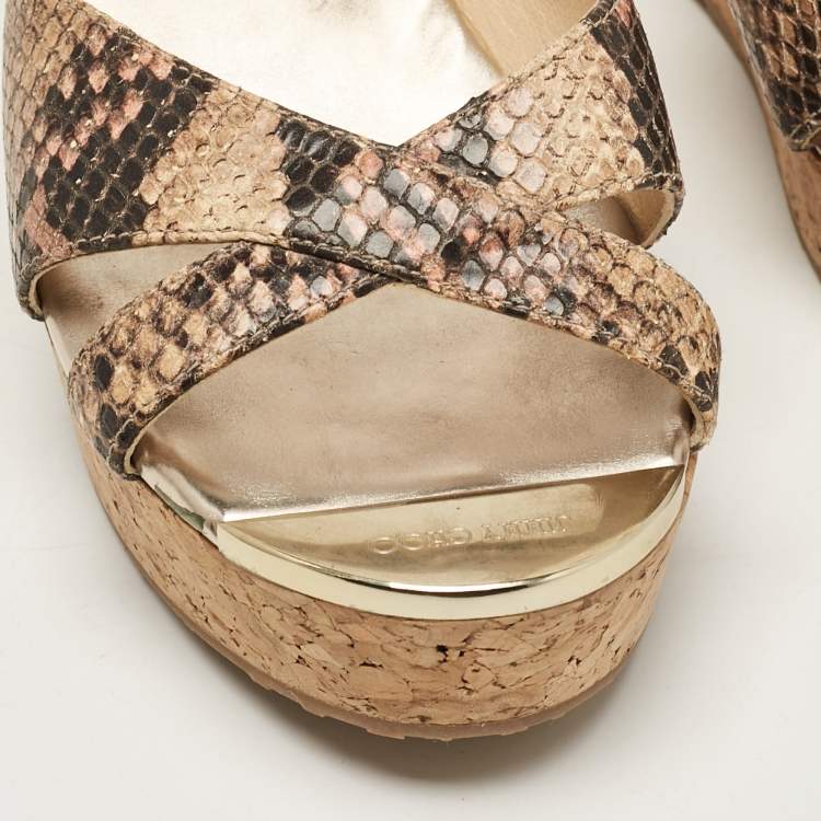 Pre Owned Jimmy Choo Brown/Black Embossed Python Prima Wedge Sandals Size 40