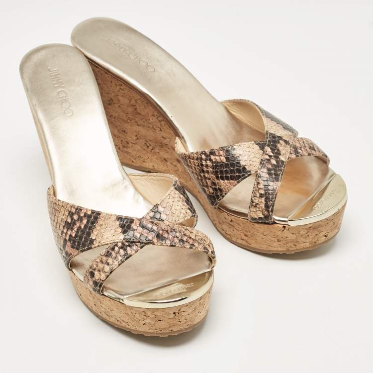 Pre Owned Jimmy Choo Brown/Black Embossed Python Prima Wedge Sandals Size 40