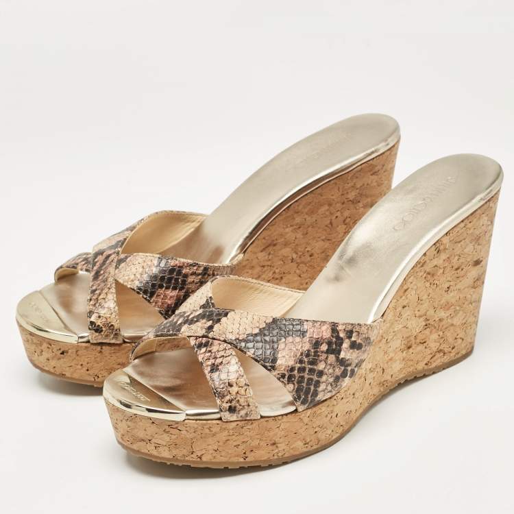 Pre Owned Jimmy Choo Brown/Black Embossed Python Prima Wedge Sandals Size 40