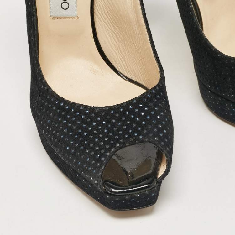 Pre Owned Jimmy Choo Black Embellished Suede Peep Toe Platorm Slingback Pumps Size 41