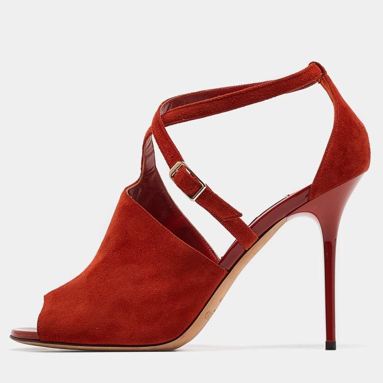 Pre Owned Jimmy Choo Orange Suede Ankle Strap Sandals Size 41