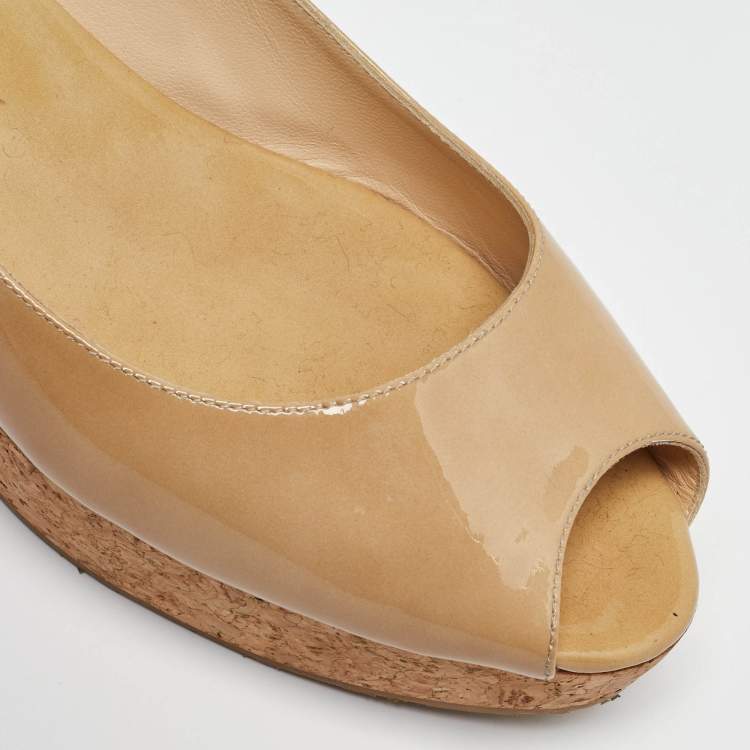 Pre Owned Jimmy Choo Beige Patent Leather Wedge Platform Ankle Strap Pumps Size 41