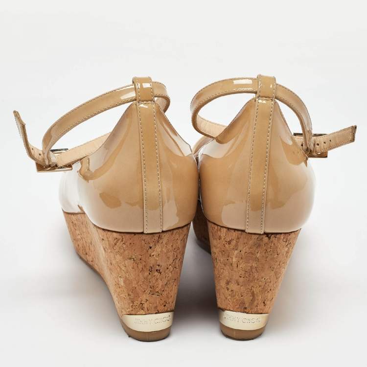 Pre Owned Jimmy Choo Beige Patent Leather Wedge Platform Ankle Strap Pumps Size 41