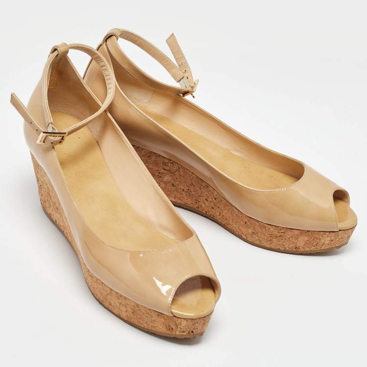 Pre Owned Jimmy Choo Beige Patent Leather Wedge Platform Ankle Strap Pumps Size 41