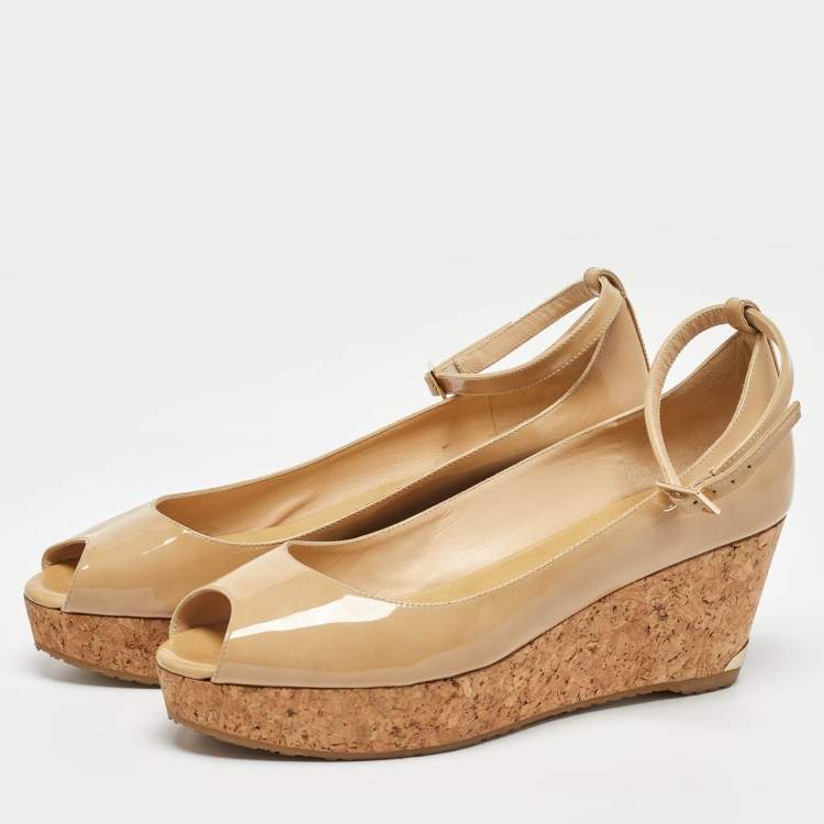 Pre Owned Jimmy Choo Beige Patent Leather Wedge Platform Ankle Strap Pumps Size 41