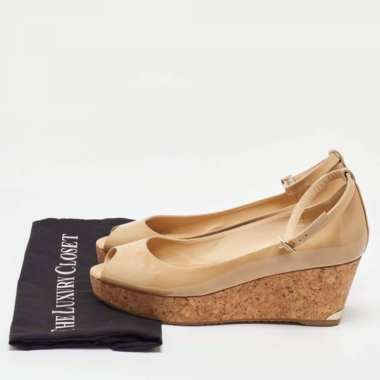 Pre Owned Jimmy Choo Beige Patent Leather Wedge Platform Ankle Strap Pumps Size 41