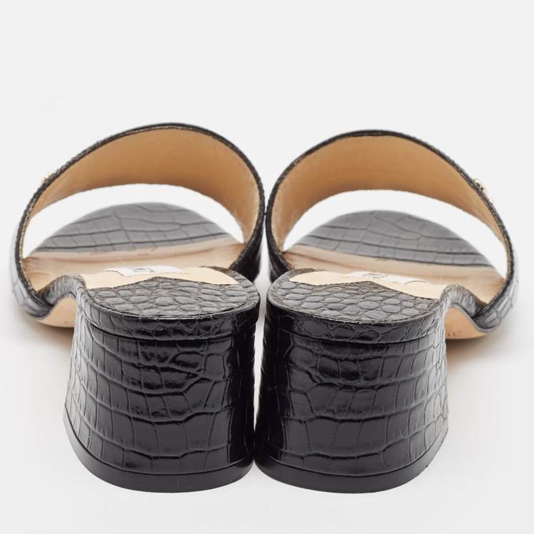 Pre Owned Jimmy Choo Black Croc Embossed Leather Minea Slide Sandals Size 35