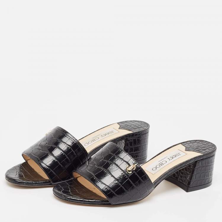Pre Owned Jimmy Choo Black Croc Embossed Leather Minea Slide Sandals Size 35