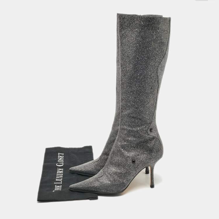 Pre Owned Jimmy Choo Silver Glitter Knee Length Boots Size 40