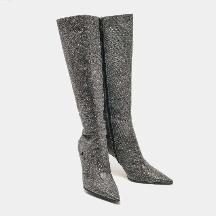 Pre Owned Jimmy Choo Silver Glitter Knee Length Boots Size 40