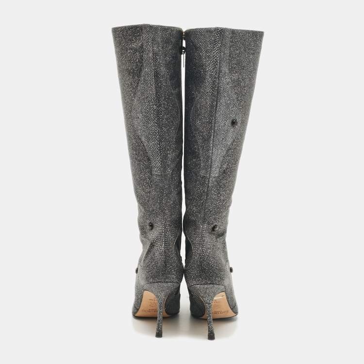 Pre Owned Jimmy Choo Silver Glitter Knee Length Boots Size 40