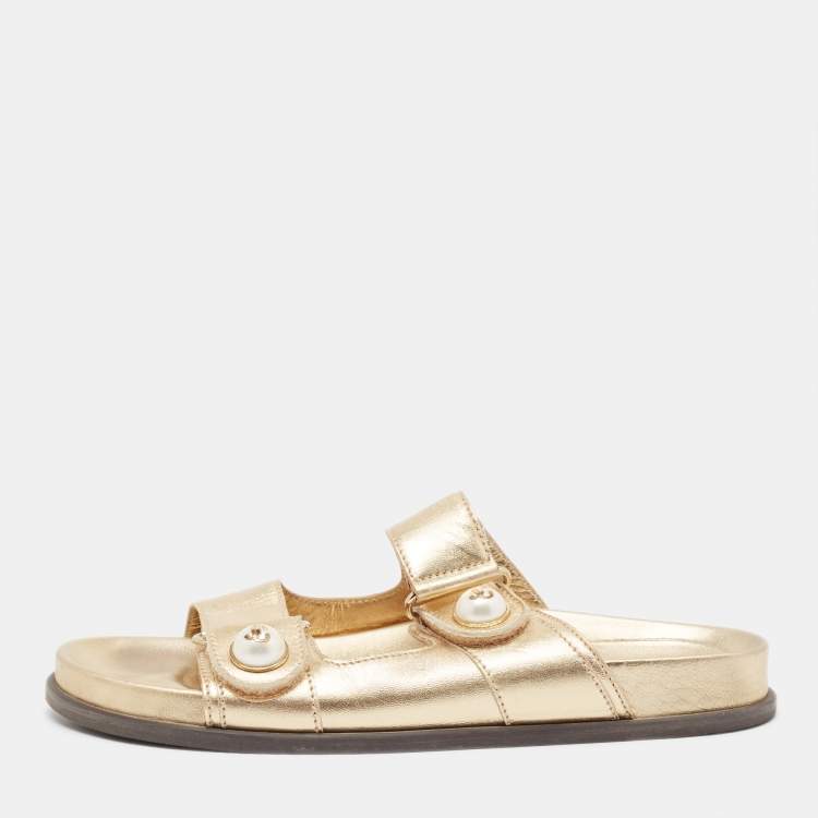 Pre Owned Jimmy Choo Metallic Gold Leather Flat Slides Size 38