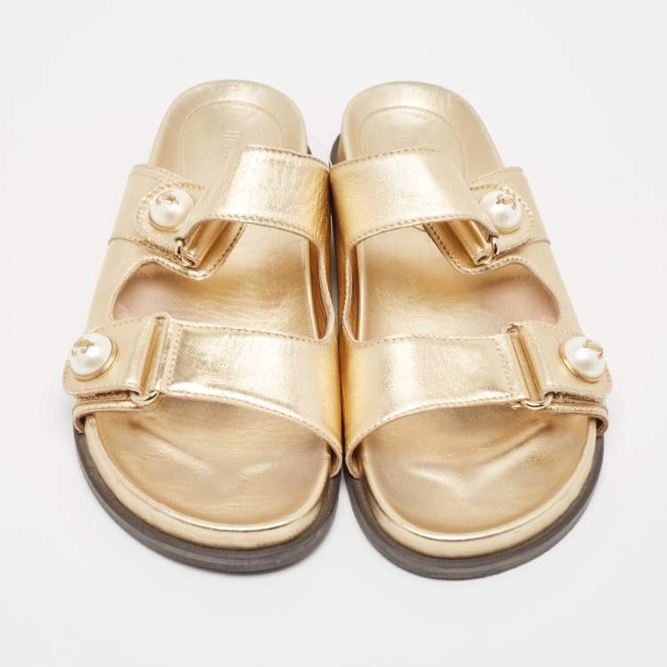 Pre Owned Jimmy Choo Metallic Gold Leather Flat Slides Size 38