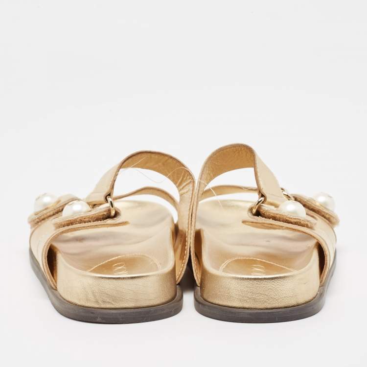 Pre Owned Jimmy Choo Metallic Gold Leather Flat Slides Size 38