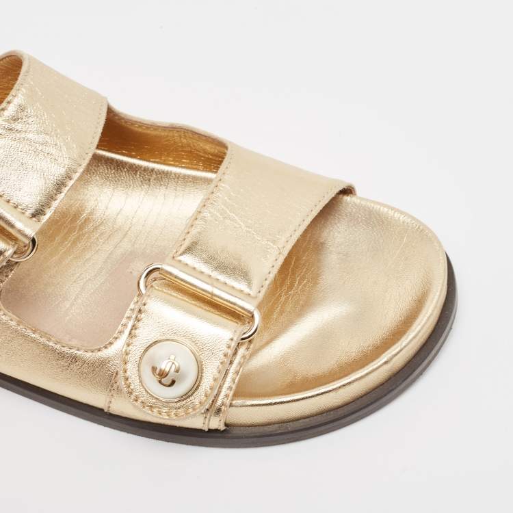 Pre Owned Jimmy Choo Metallic Gold Leather Flat Slides Size 38