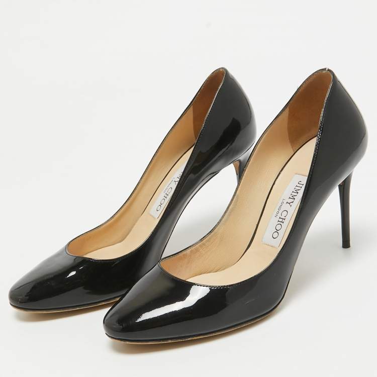 Pre Owned Jimmy Choo Black Patent Aza Kitten Pointed Toe Pumps Size 37