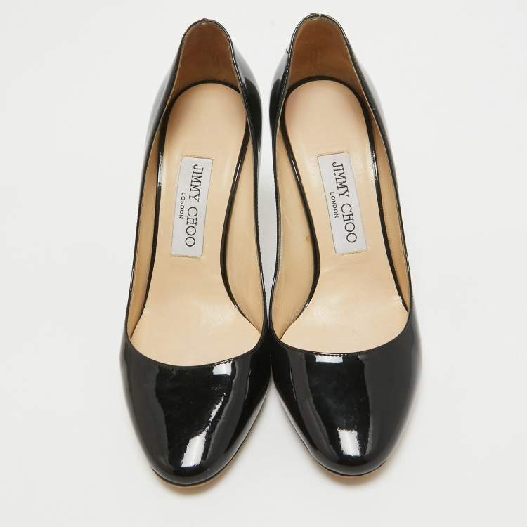 Pre Owned Jimmy Choo Black Patent Aza Kitten Pointed Toe Pumps Size 37