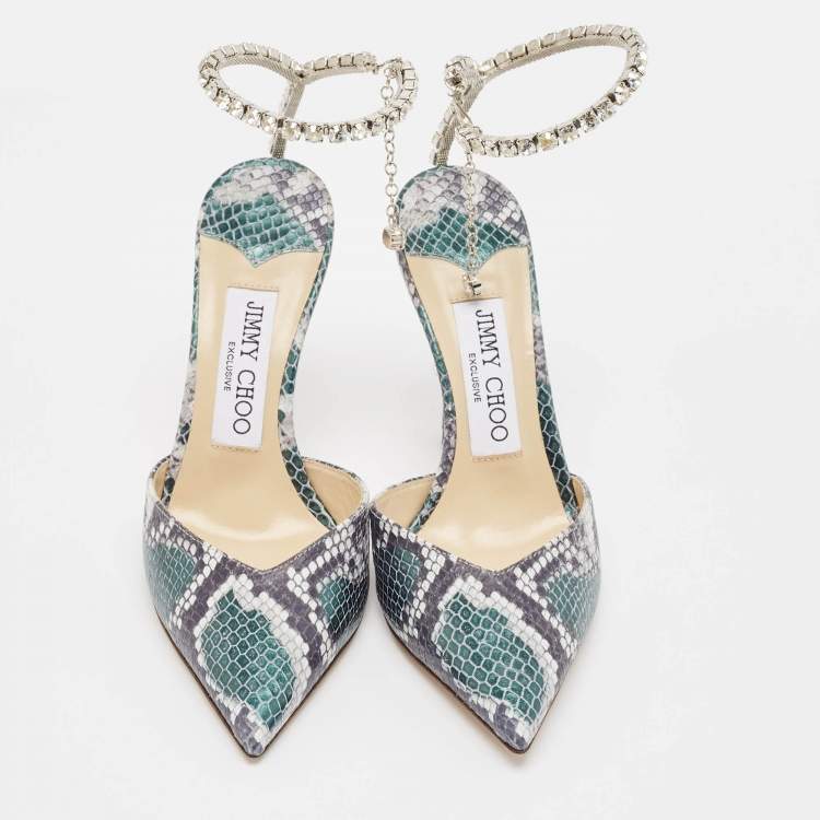 Pre Owned Jimmy Choo Green Snakeskin Embossed Leather Saeda Pumps Size 35