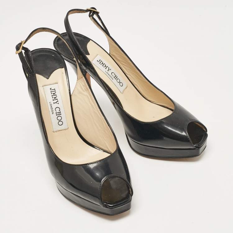 Pre Owned Jimmy Choo Black Patent Leather Nova Peep Toe Pumps Size 36.5