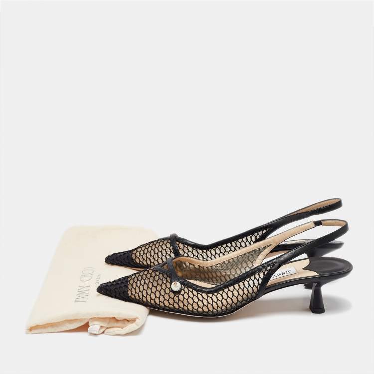 مملوكة مسبقًا Jimmy Choo Black Leather and Mesh Amita Slingback Pumps Size 39