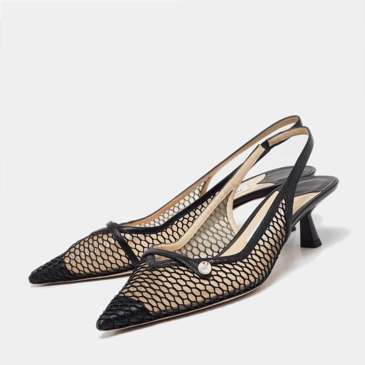 مملوكة مسبقًا Jimmy Choo Black Leather and Mesh Amita Slingback Pumps Size 39