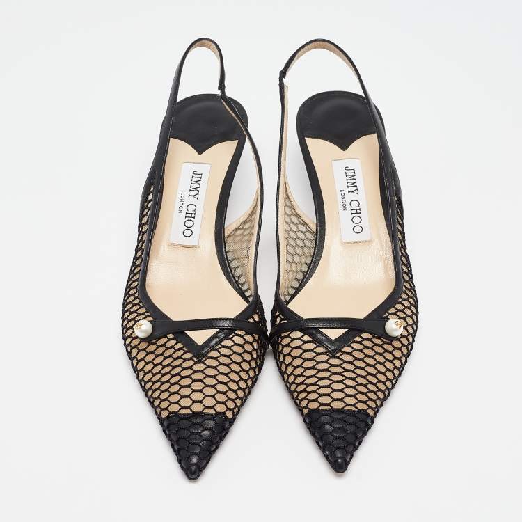 مملوكة مسبقًا Jimmy Choo Black Leather and Mesh Amita Slingback Pumps Size 39