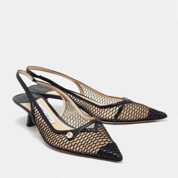 مملوكة مسبقًا Jimmy Choo Black Leather and Mesh Amita Slingback Pumps Size 39