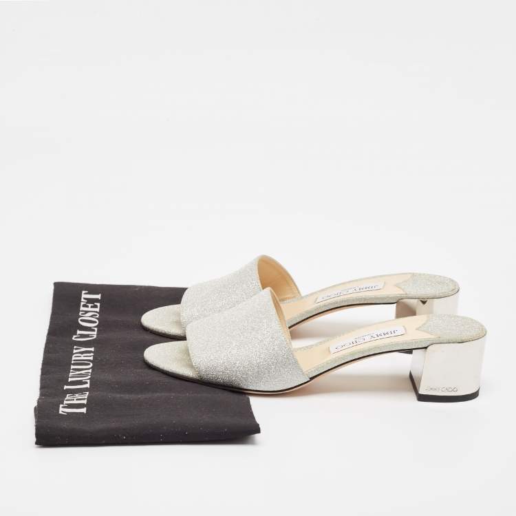 Pre Owned Jimmy Choo Silver Glitter Joni Slide Sandals Size 39