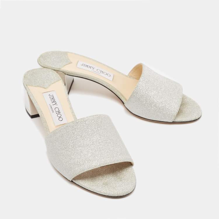 Pre Owned Jimmy Choo Silver Glitter Joni Slide Sandals Size 39