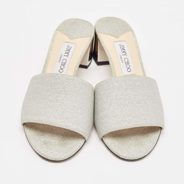 Pre Owned Jimmy Choo Silver Glitter Joni Slide Sandals Size 39