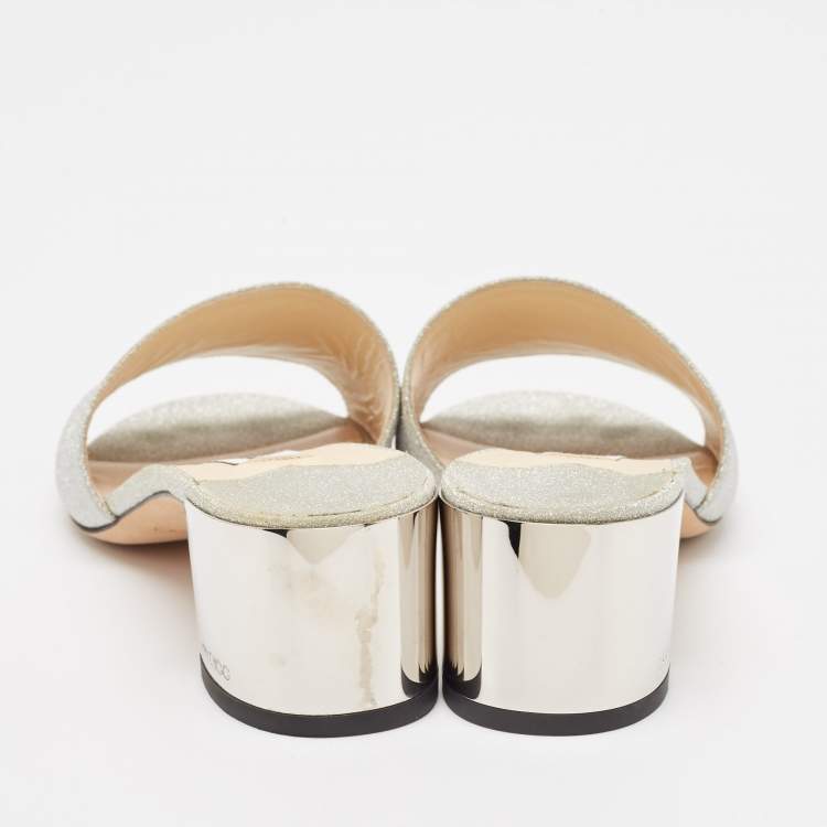 Pre Owned Jimmy Choo Silver Glitter Joni Slide Sandals Size 39