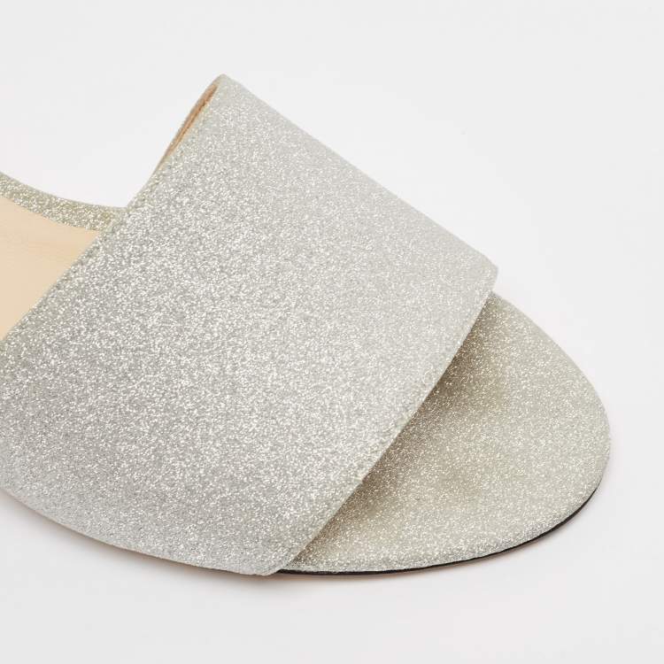 Pre Owned Jimmy Choo Silver Glitter Joni Slide Sandals Size 39