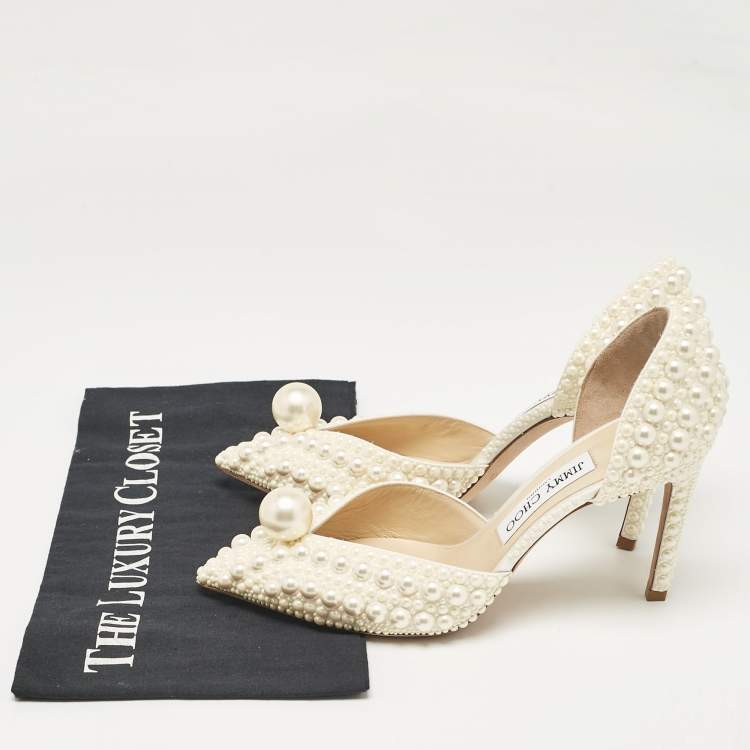 Pre Owned Jimmy Choo Cream Faux Pearl and Satin D'orsay Pumps Size 37.5